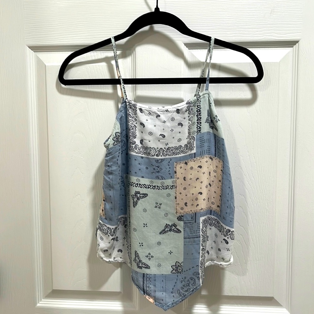 Abercrombie kids blue, orange, and white patch shirt size 14